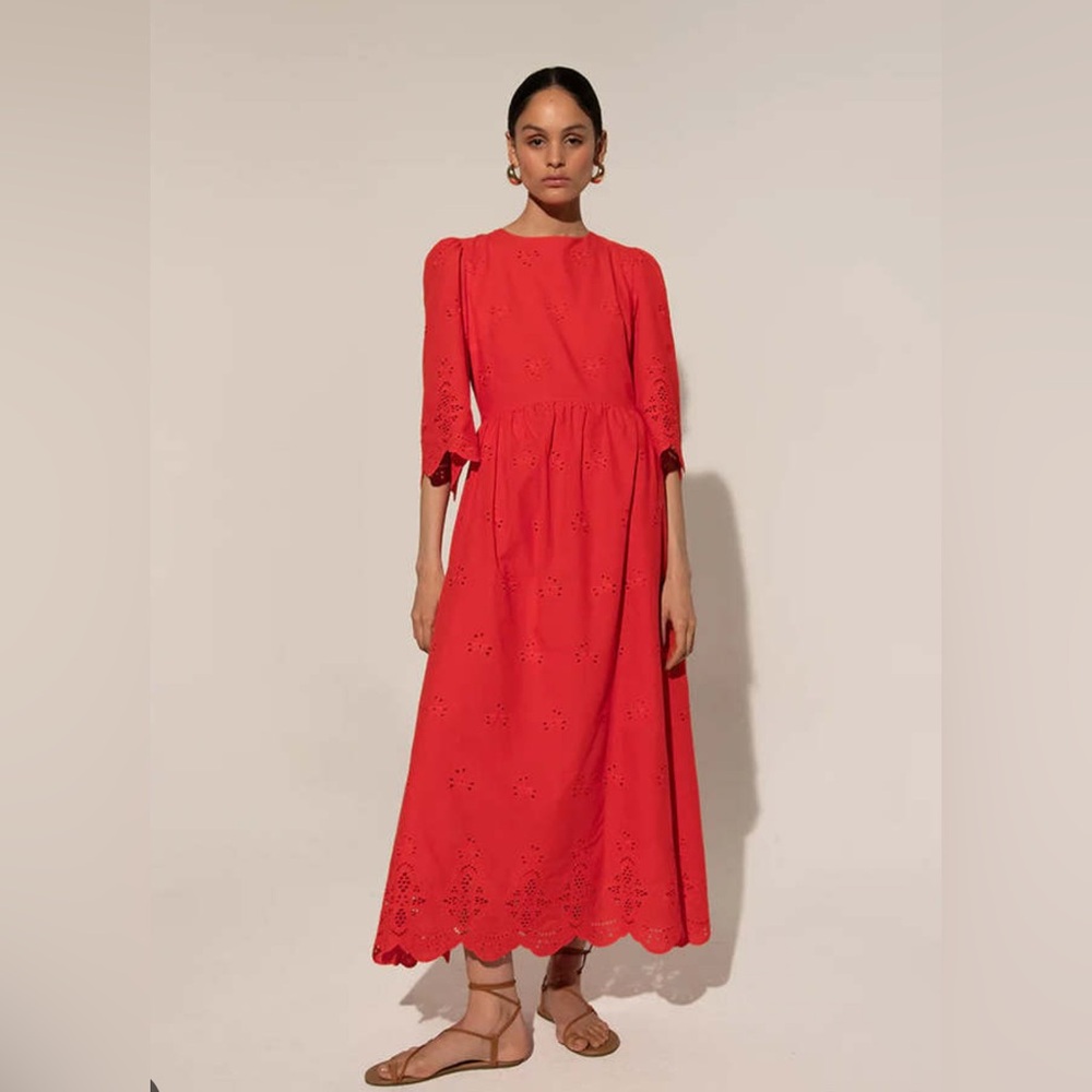 Elegant Red Eyelet Midi Dress